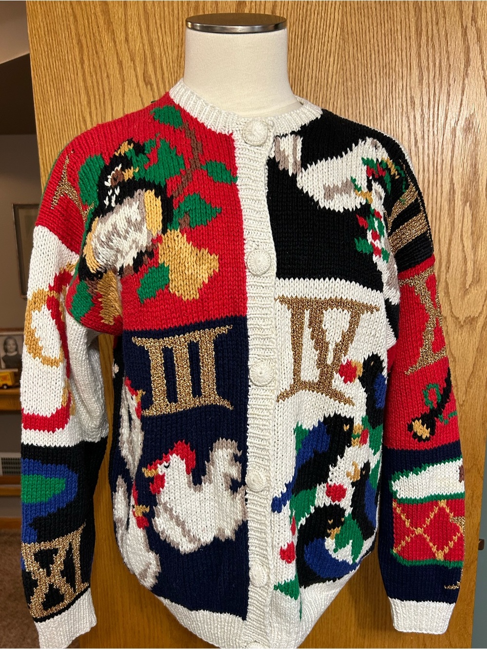 VTG sweater Susan Bristol 12 Days of Christmas Novelty Knit Ugly Cardigan Small